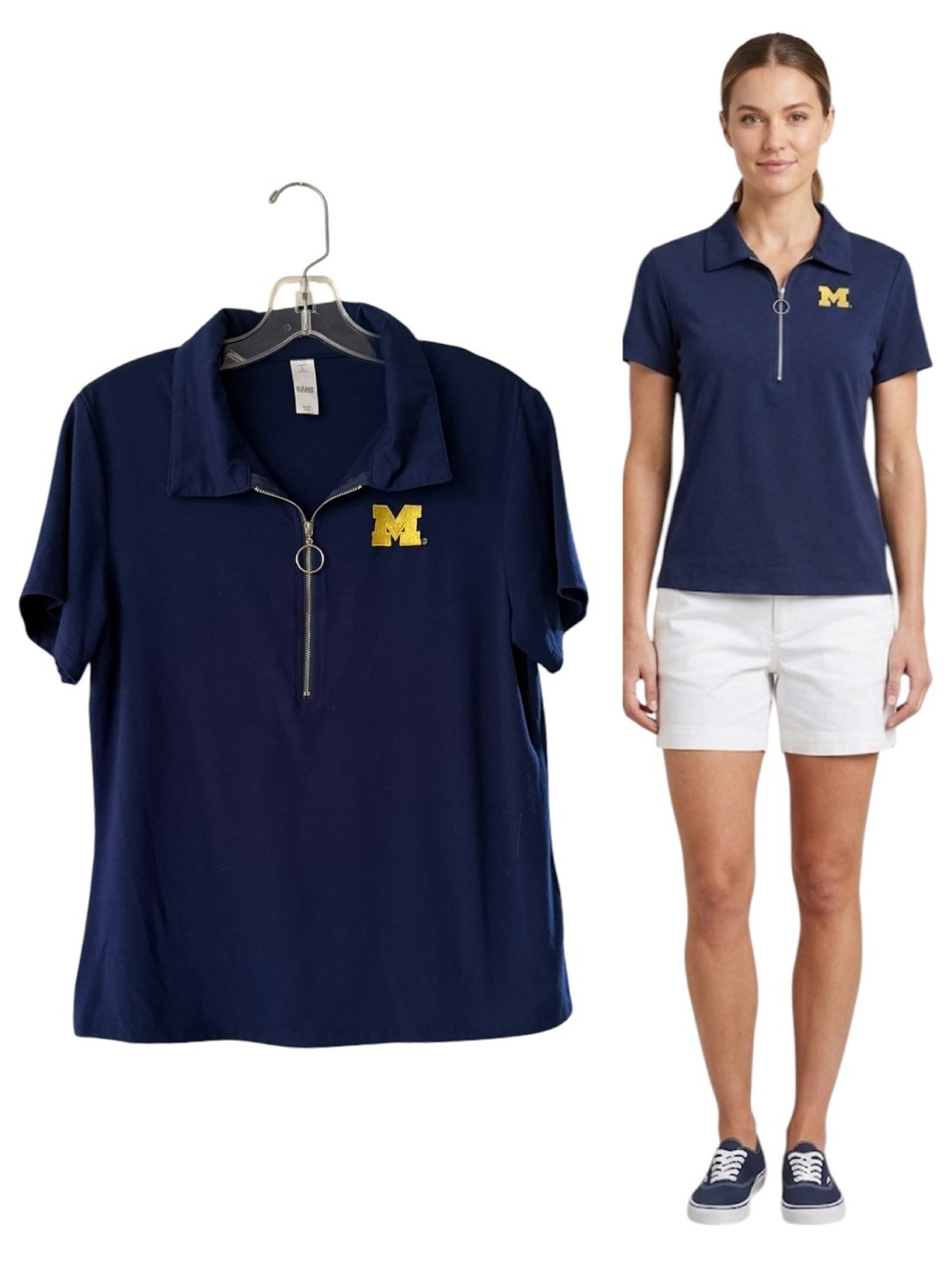 Women’s Michigan Wolverines Navy Blue Short Sleeve Polo Top Logo Navy Zip-Front